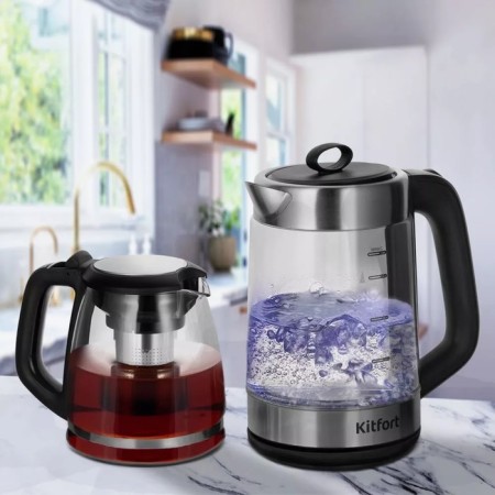 Tea kit KitFort KT-6639, glass, 1.8/1.2 l, 1500 watts, black-silver-1