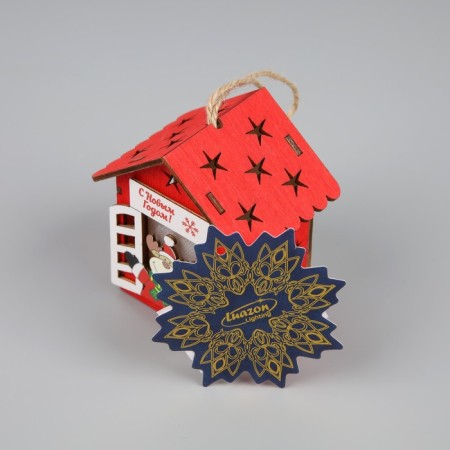 Christmas tree toy "House with a deer", from batteries, a glow of warm white-2