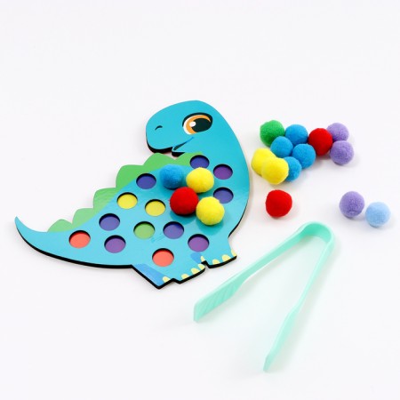 Wooden sorter "Dino" with pompons and tweezers, 15 x 21 cm-3