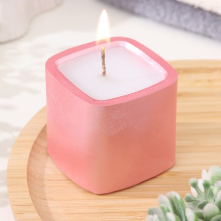 Candle "Square. Marble" in a candlestick of gypsum is small, 5x4.5 cm, pink