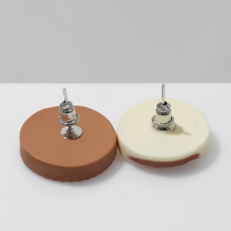 Earrings plastic "cookie" bitten, white-brown color in silver-2