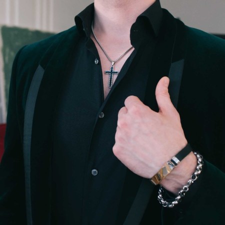 Bracelet male "style" rectangle with carved, black color with silver-gold, 22 cm-4