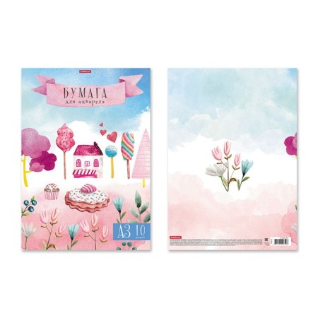 A3, 10 sheets watercolor paper, block 180 g/m², Erichkrause "Raspberry Castle", 100% white, in a cardboard folder-2