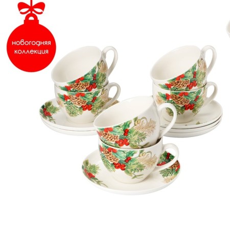 Service Porcelain Tea Daulay "Christmas", 12 items: 6 cups 280 ml, 6 saucers, d = 15 cm