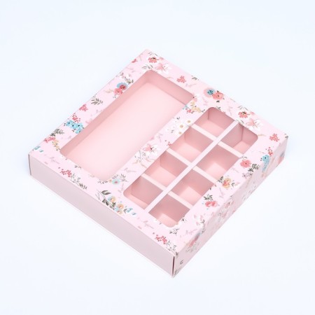 Box for 8 sweets + chocolate, with a window, "flowers" 17.7 x 17.8 x 3.8 cm-2