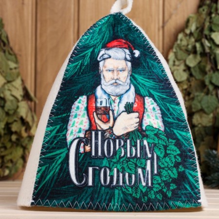 Bath cap "Happy New Year! (Santa Claus with a broom and glass) Print-1