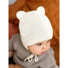 A cap on ties with ears children's amababy pure love Bear Winter, insulated, size 40-42 cm, milk color