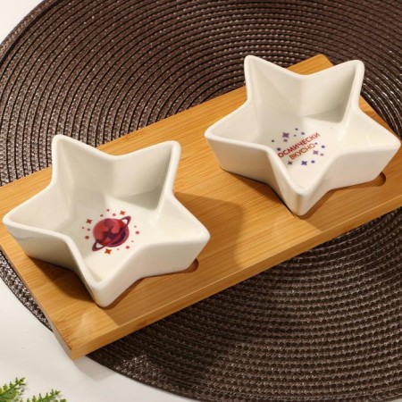 Ceramics dishes on a wooden stand “Cosmically tasty”, 100 ml, 2 pcs, white color-1