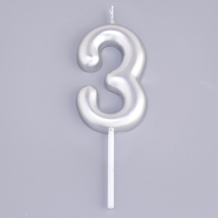 Candle in the Cake "European", number "3", 6 cm, silver-2