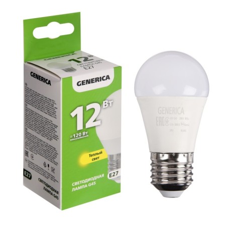 LED LED GENERICA G45, 12 W, ball, 3000 K, E27, 230 V, LL-G45-12-230-30-E27-G