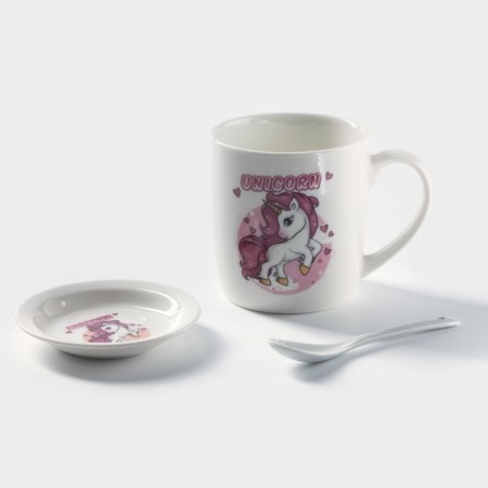 Ceramic mug with a stand and a spoon “Unicorn in Dreams”, 330 ml, Mix drawing-3