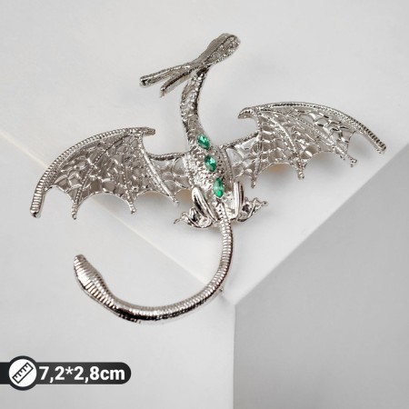 Brooch "Dragon" flying, green color in silver