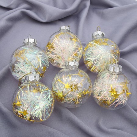 Set of balls plastic D -8 cm, 6 pcs "Ice - tinsel" transparent