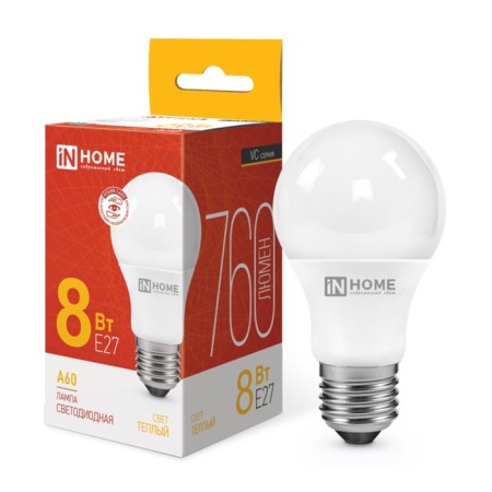 LED lamp In Home Led-A60-VC, 8 W, 230 V, E27, 3000 K, 760 lm