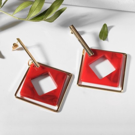Earrings Assorted "Illusion", bright red color in gold-5