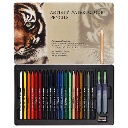 Pencils of watercolor, whole, 20 colors+2 brushes+sharpener, in a metal box wwp-20