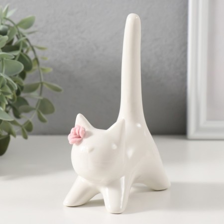 Souvenir Ceramics "Cat White with a long tail and pink flower" 9.4x5.3x14 cm-1