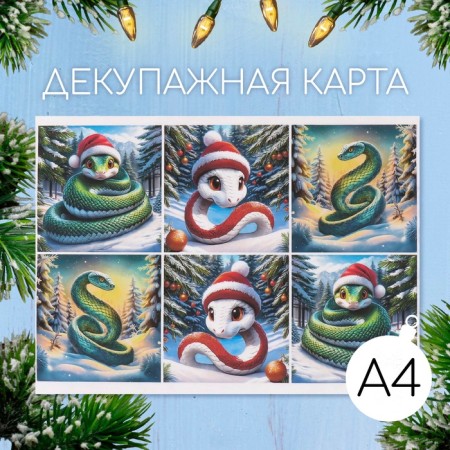 Декупажная карта "Новогодние змеи. Нейросеть", плотность 45 г/м2, формат А4