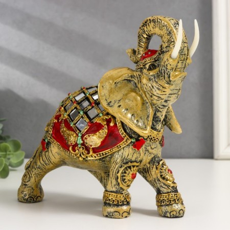 Polystone souvenir "Elephant in Red Popone with gold patterns and mirrors" 18.5x8x23 cm-1