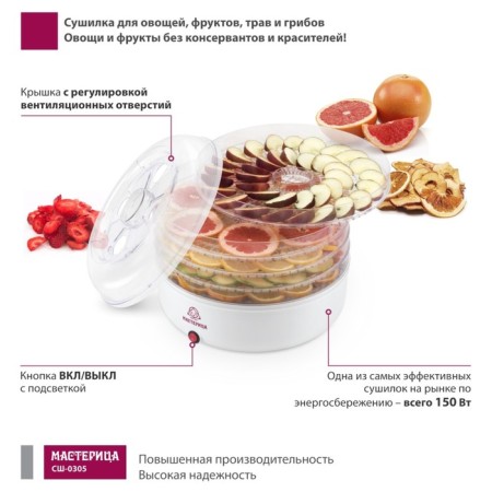 Drywall for vegetables and fruits "Masters SSh-0305", 150 watts, 5 tiers, white-2