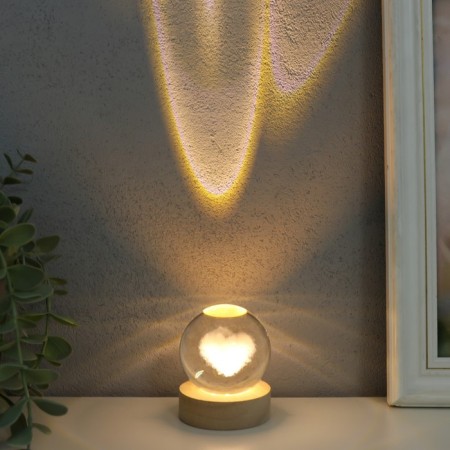 Souvenir glass backlight "Cloudy heart" d = 6 cm stand wood, usb 6.5x6.5x7.5 cm