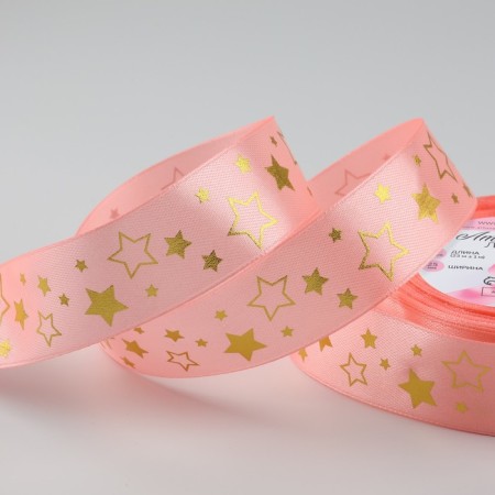 Satin tape with embossing "Stars", 25 mm × 18 ± 1 m, pink color/gold No. 089