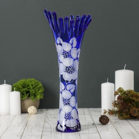 Vase "Coral" H 380 mm. from blue glass (manual painting) Fig. No. 9 (Bel.)