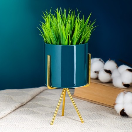Kashpo "cylinder" green, on a gold stand, 15x8x8cm-1