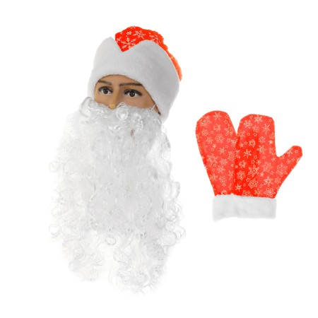 Set of Santa Claus: Red hat with snowflakes, beard, mittens, p. 54-58 cm