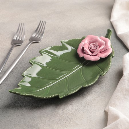 Ceramic serving dish "leaf with rose", 27 × 14 × 4.5 cm, green-pink color