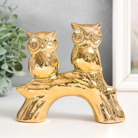 Souvenir ceramics "Two owls on the snag" gold 15x4.5x13.3 cm