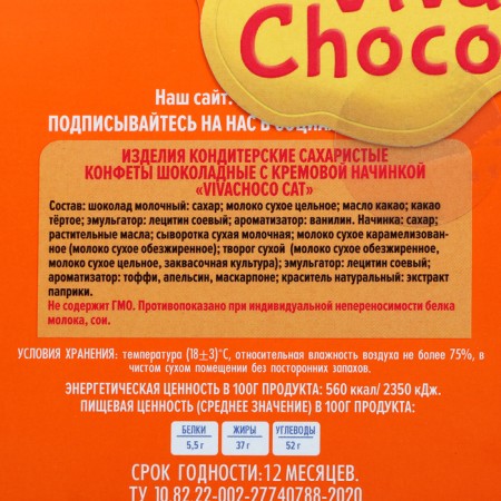 Chocolate sweets with cream filling "Vivachoco Cat", orange. 170 g-3