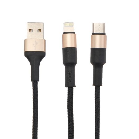 Hoco X26 cable, microUSB/Lightning/Type-C-USB, 2 A, 1 m, nylon braid, black and golden-3
