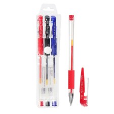 A set of gel pens, 3 colors, with rubber holders, in a blist