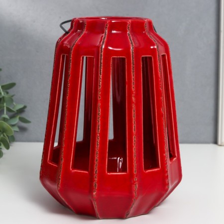 Ceramics candlestick for 1 candle "Lantern with cuts" dark red 19x14x14 cm-2