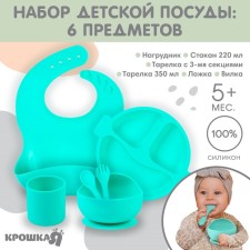 Feeding set: bib, plate 2pcs, glass, devices, crumb I, turquoise