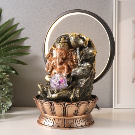 Table Polystone Fountain from the Network, Ganesha's backlight in gold near the waterfall - hand "25x20x34 cm-3