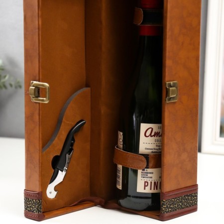 Casket Wood, leatherette to the bottle "Winel" Open 34.5x11.5x12 cm-3
