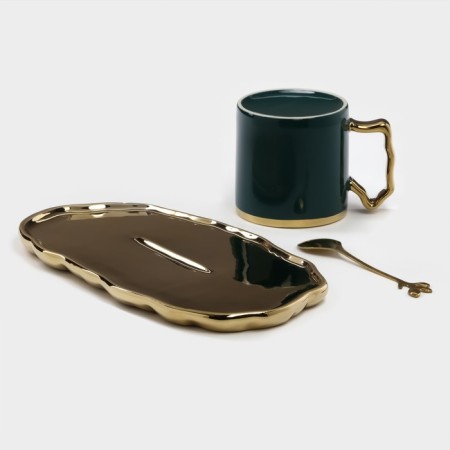 Tea couple ceramic "luxury", 3 items: mug 250 ml, saucer 23.5 × 13 cm, spoon, green color-10