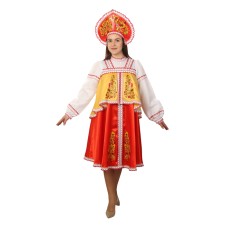Russian women's costume: dress with a departure coquet, kokoshnik, red-yellow color, rr 48, height 170 cm