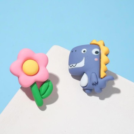Earrings plastic "goodies" dinosaur and flower, the color of the blue pink-1
