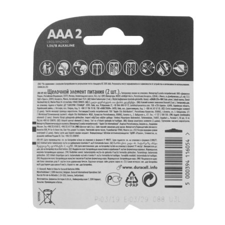 Alkalin battery Duracell Basic, AAA, LR03-2BL, 1.5V, blister, 2 pcs.-1