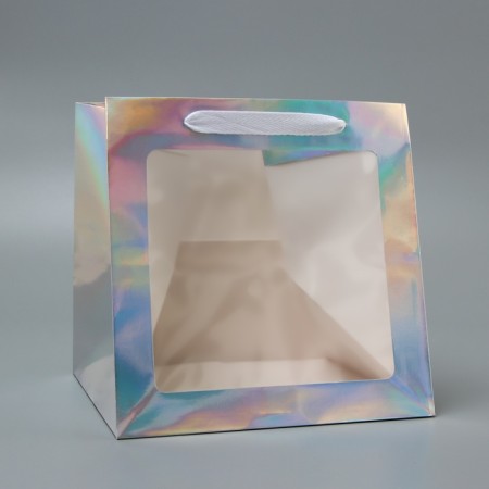 A packet for a cake with a square bottom and window, holographic, 25 x 25 x 25 cm