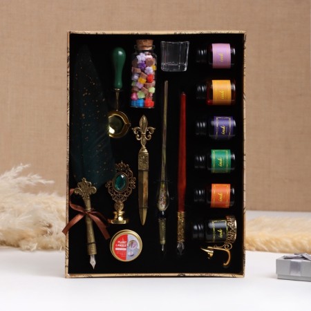 Gift set 14v1 "Enchanted": 3 feathers, ink 6 colors, print, wax, knife-1