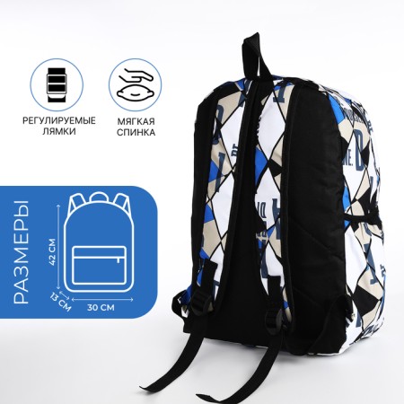 A backpack with a zipper, 3 outer pockets, black/blue/beige color-1