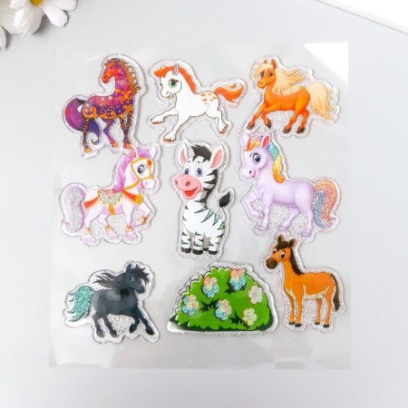 Silicon sticker with sparkles on the glass "Horses and Zebra" 18.5x17 cm