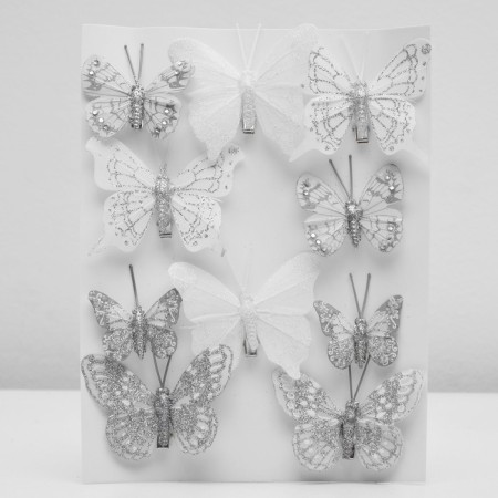 A butterfly for decor and floristry, on a clothespin, plastic, white, mix, 1 pc., 4 cm and 8 cm-1