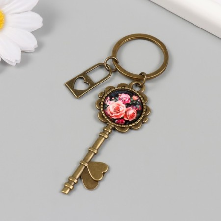 A keychain metal, glass "Castle with a heart and a key with roses" bronze 10 cm-2