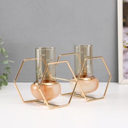 Summary metal, glass for 2 candles "hexagons" white with gold 15.5x26.5x10.5 cm-3