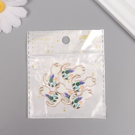 Decor for creativity metal, enamel "White cat with flowers" 2.5x1.6 cm-3
